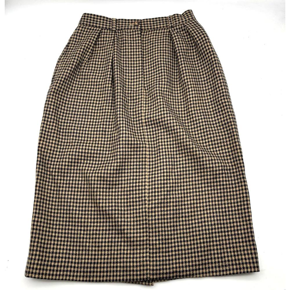 Vintage 80s Jason Prescott 100% Wool Brown Houndstooth Pleated Skirt 6 25x25.5"